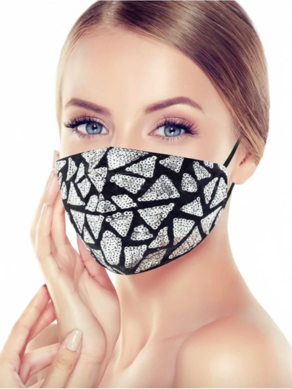 Black Silver Sequin Geometric Face Mask Adjustable Reusable NWT Sealed